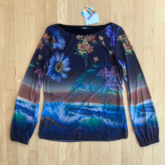 NEW Desigual Middleton mesh top daisy tiger ocean Large - Picture 2 of 11